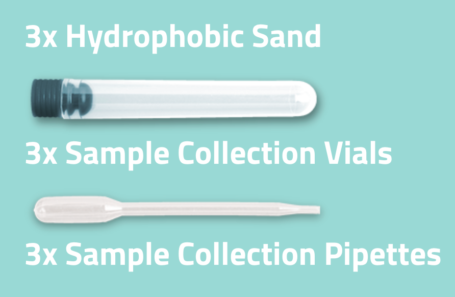 Kedi Labs cat urine collection kit with vials, pipettes, and hydrophobic sand for easy sample collection