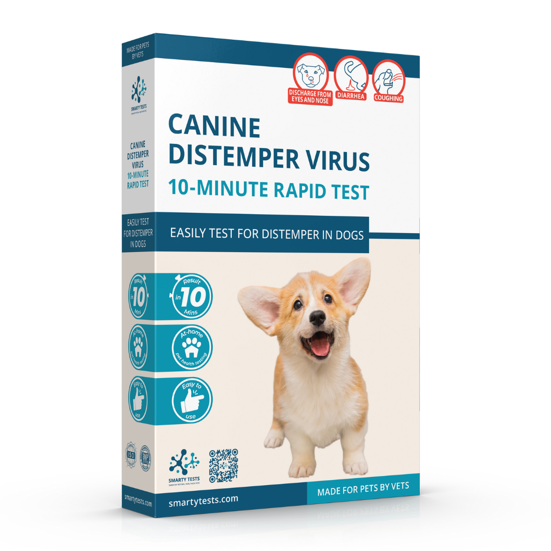 Canine distemper virus rapid test by Smarty Tests, 10-minute testing kit for dogs featuring a Corgi puppy