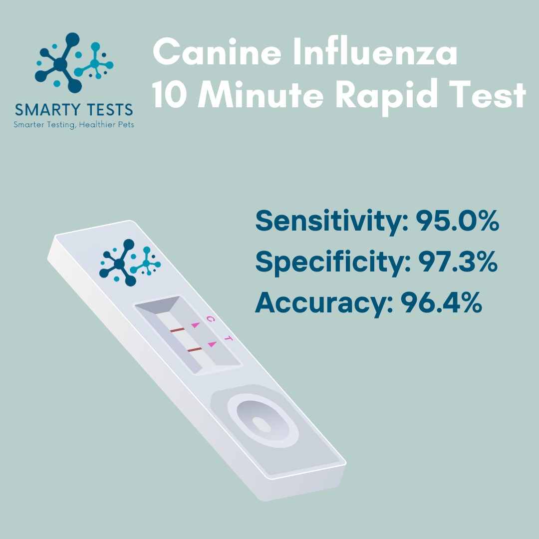Smarty Tests Canine Influenza 10 Minute Rapid Test showing sensitivity and accuracy details for quick dog flu rapid test