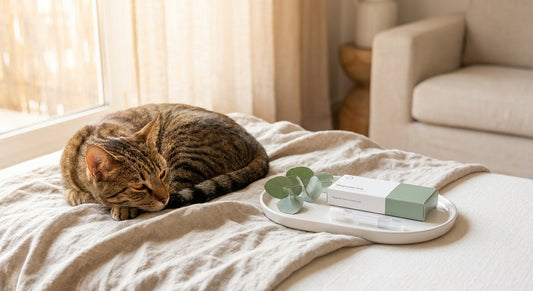 A relaxed tabby cat resting on a soft linen blanket near a sunny window, beside a clean at-home diagnostic test kit on a white surface.