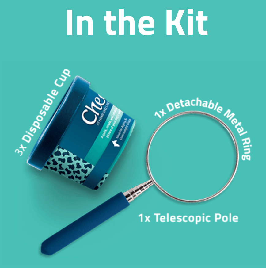 Kedi Labs dog urine collection kit with three cups, a detachable metal ring, and a telescopic pole