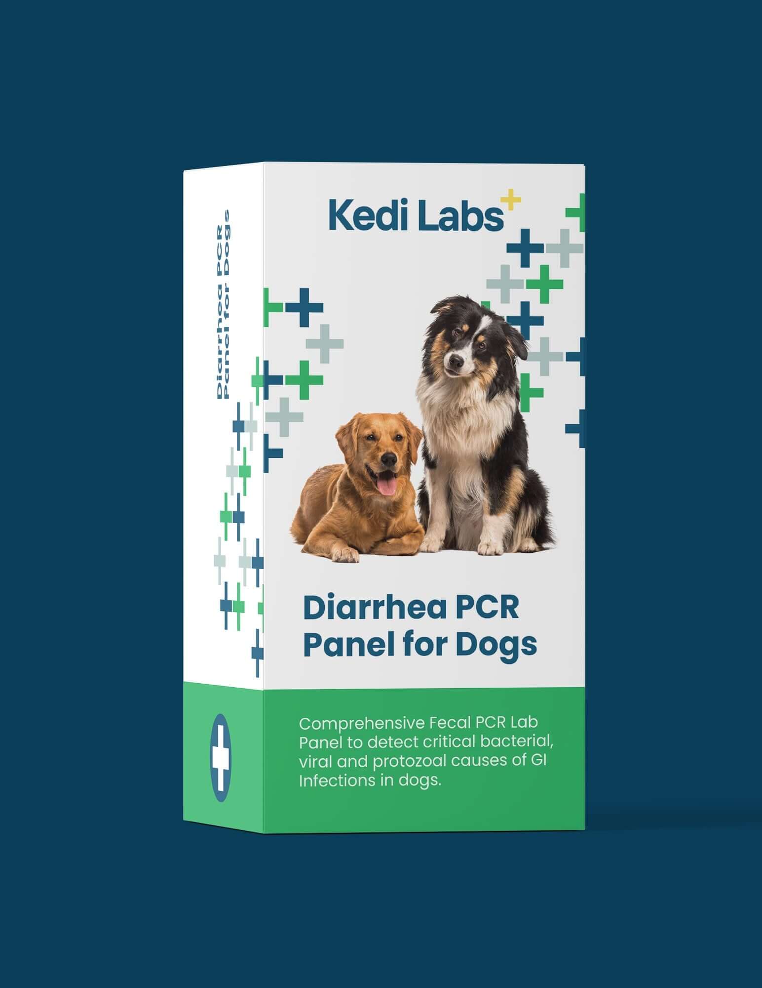 Kedi Labs dog diarrhea mail-in test package featuring a PCR panel for detecting GI infections in dogs