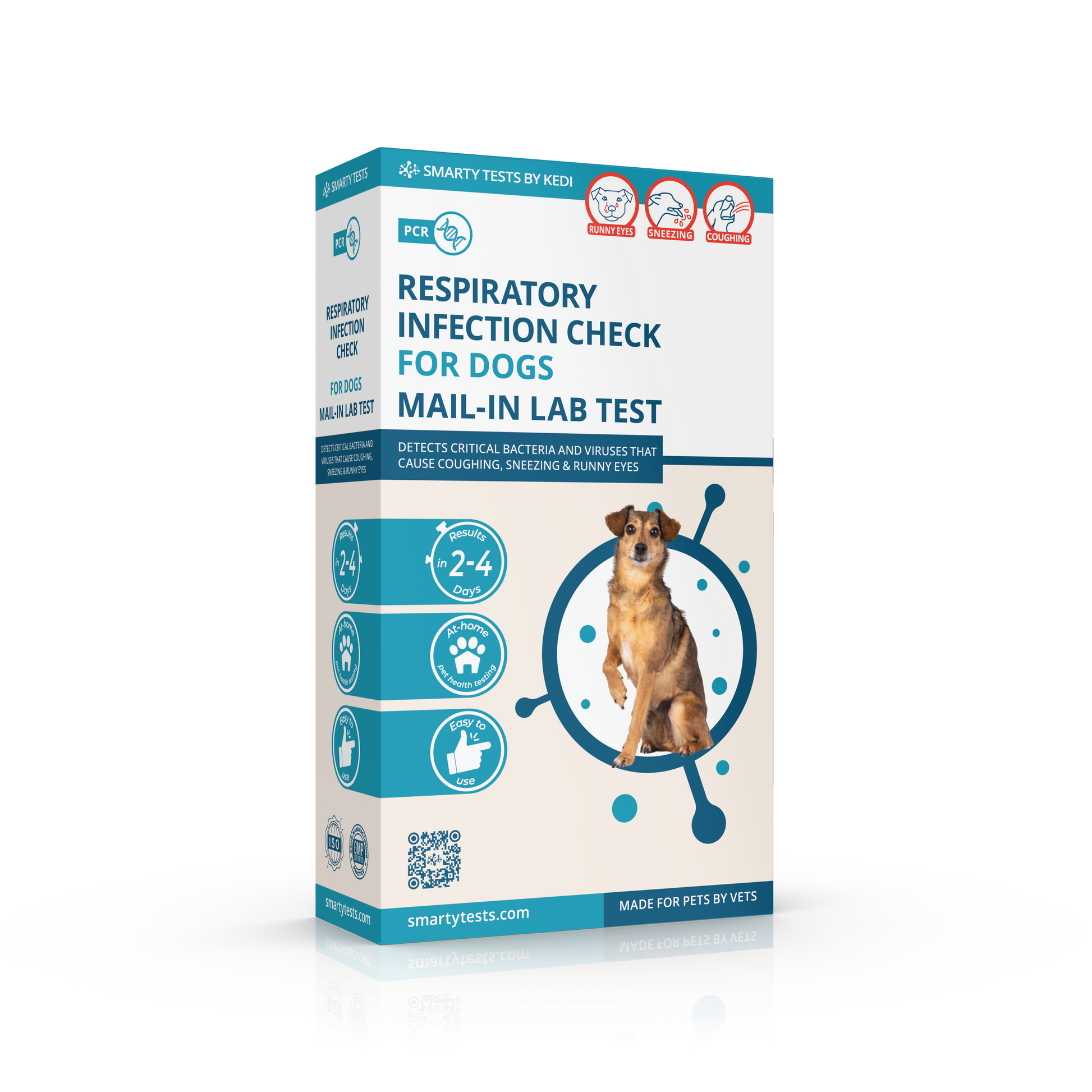 Kedi Labs respiratory infection test box for dogs, featuring a canine PCR test home kit for pet health